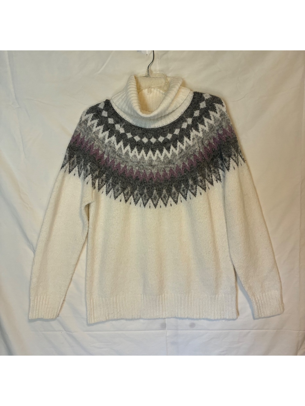 Aspen Womens Grey Fair Isle Turtleneck Nordic Alpine Knit Wool Blend Sweater SzM